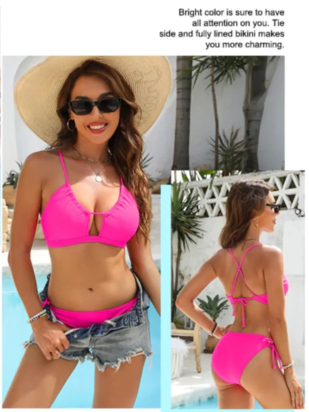 Blooming Jelly String Side Tie Bottom Cheeky Sexy Bikini Swimsuit Neon Pink NWT